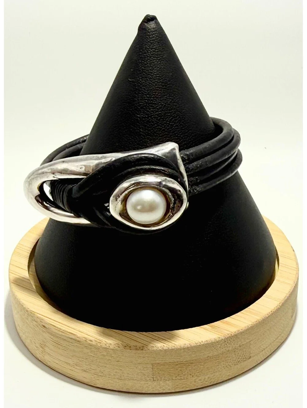 Israeli Silver & Black Leather Wrap Cuff Bracelet with Freshwater Pearl